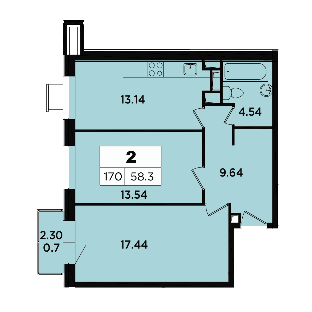 2 комн. квартира, 57.5 м², 18 этаж 