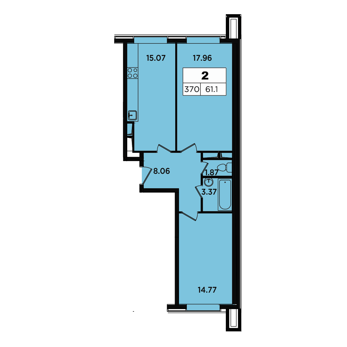 2 комн. квартира, 58.8 м², 16 этаж 