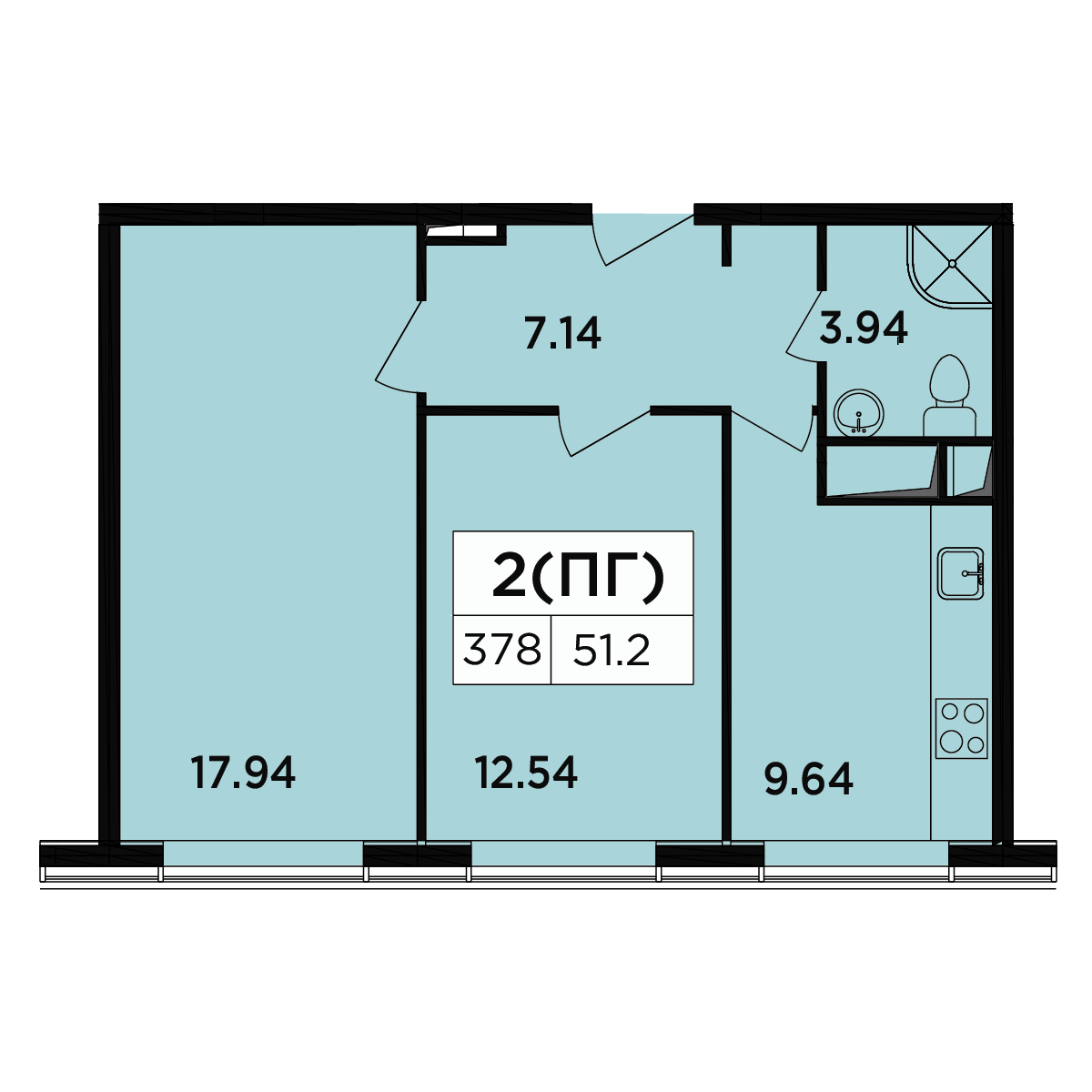 2 комн. квартира, 50.7 м², 16 этаж 