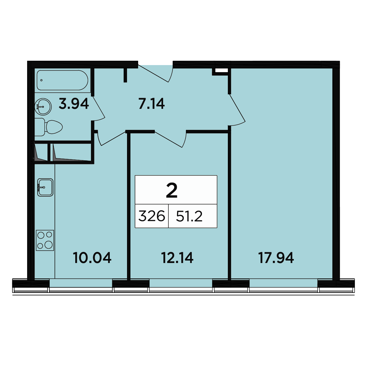 2 комн. квартира, 50.9 м², 15 этаж 