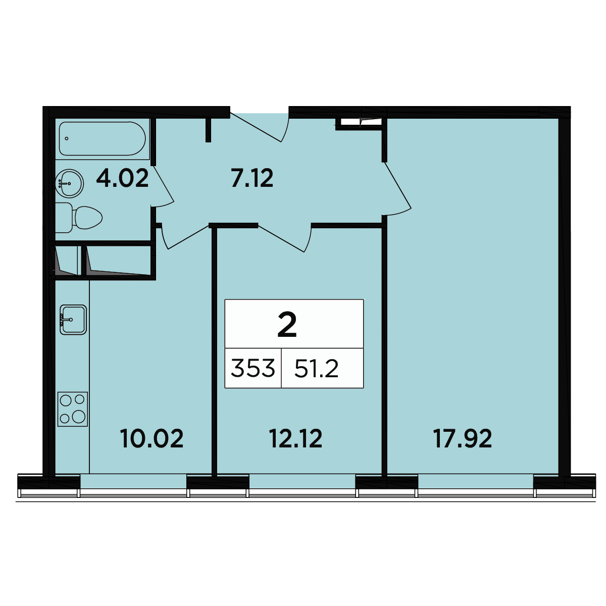 2 комн. квартира, 51.1 м², 16 этаж 