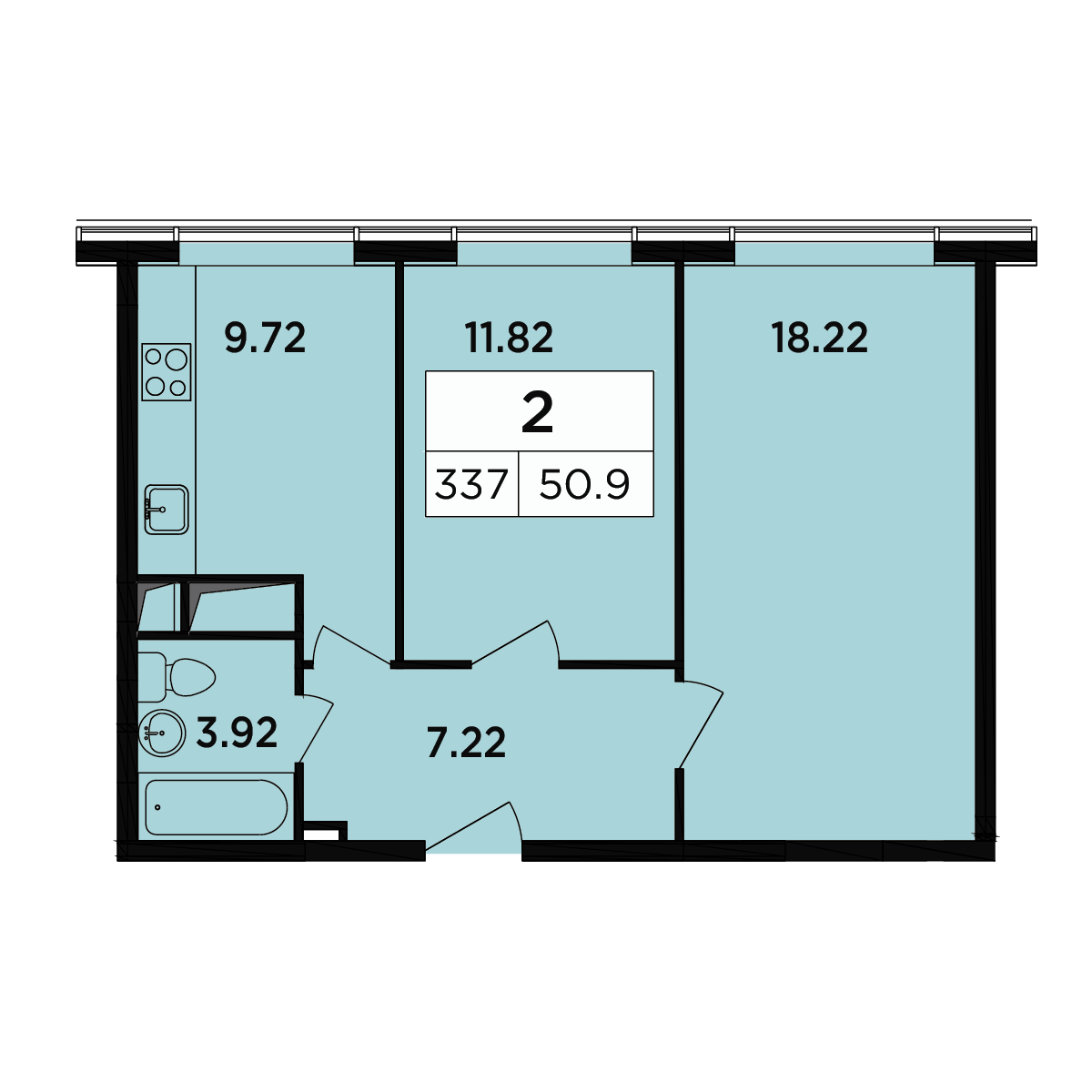 2 комн. квартира, 50.7 м², 15 этаж 