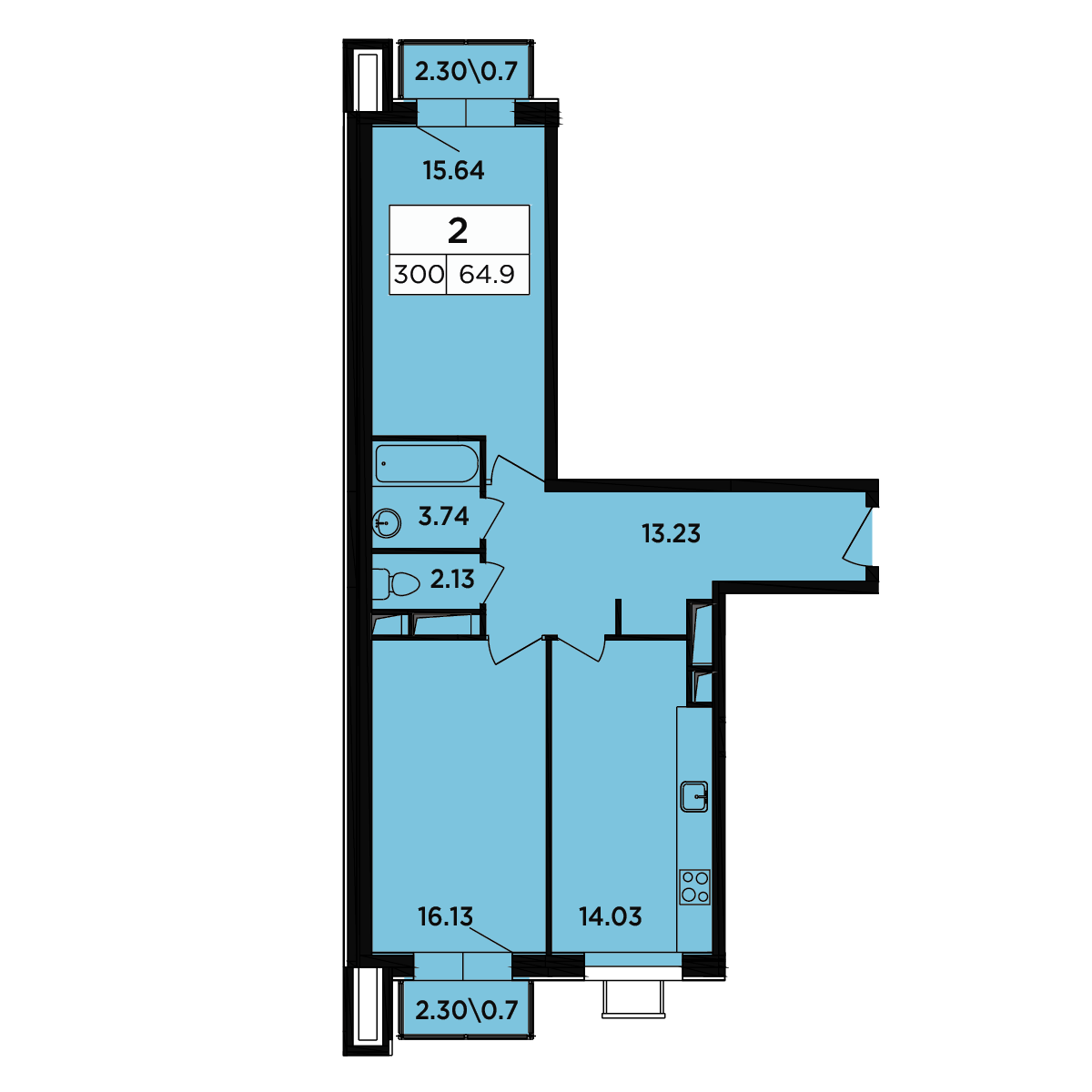 2 комн. квартира, 63.2 м², 14 этаж 
