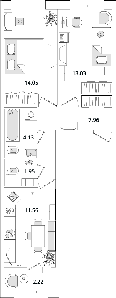 2 комн. квартира, 53.9 м², 7 этаж 