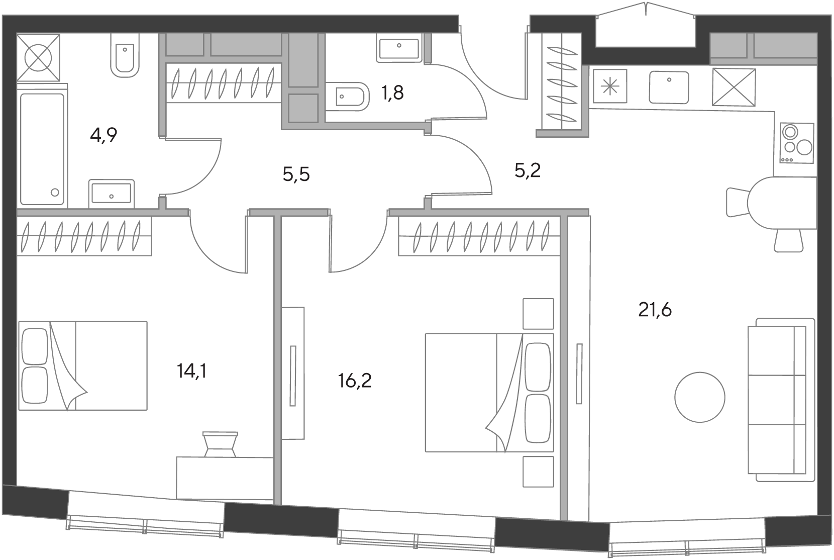 2 комн. квартира, 69.3 м², 19 этаж  (из 21)