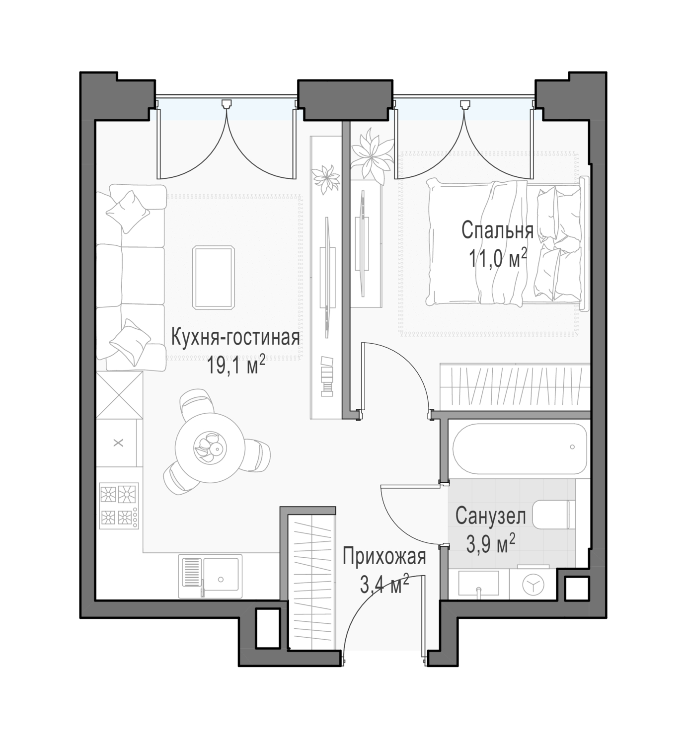1 комн. квартира, 38.3 м², 22 этаж 