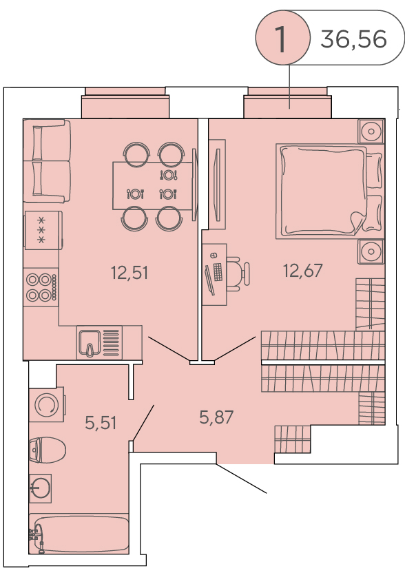 1 комн. квартира, 36.6 м², 1 этаж 