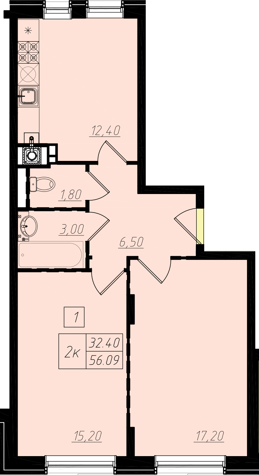 2 комн. квартира, 56.2 м², 1 этаж 