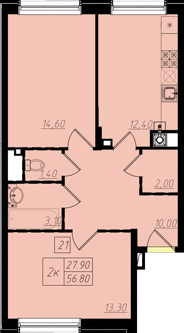 2 комн. квартира, 57.1 м², 1 этаж 