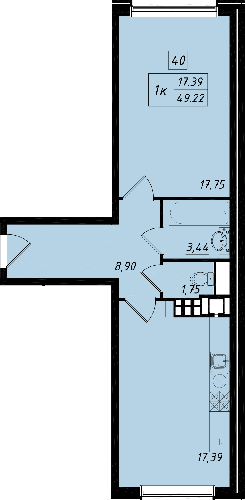 1 комн. квартира, 49.2 м², 3 этаж 