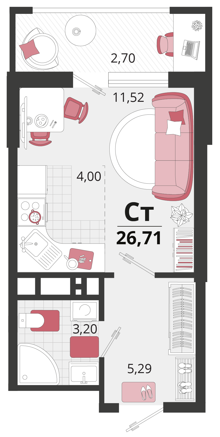 1 комн. квартира, 26.7 м², 13 этаж 