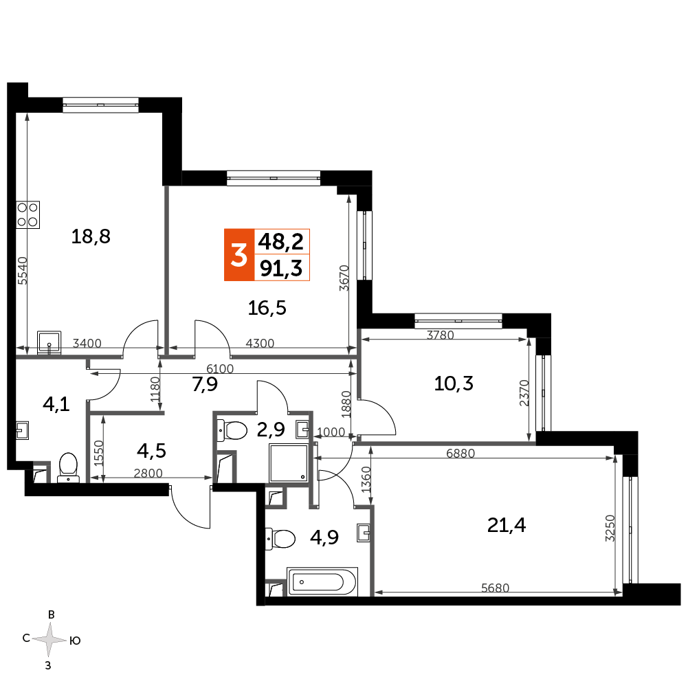 3 комн. квартира, 91.2 м², 34 этаж 