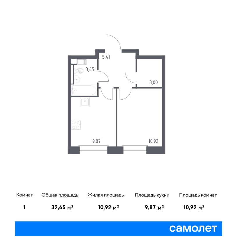 1 комн. квартира, 32.6 м², 1 этаж  (из 14)