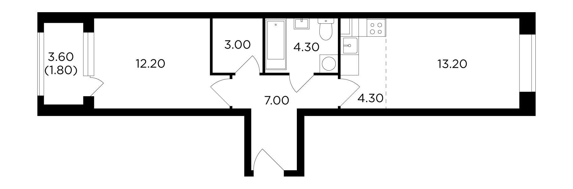 2 комн. квартира, 45.4 м², 12 этаж 