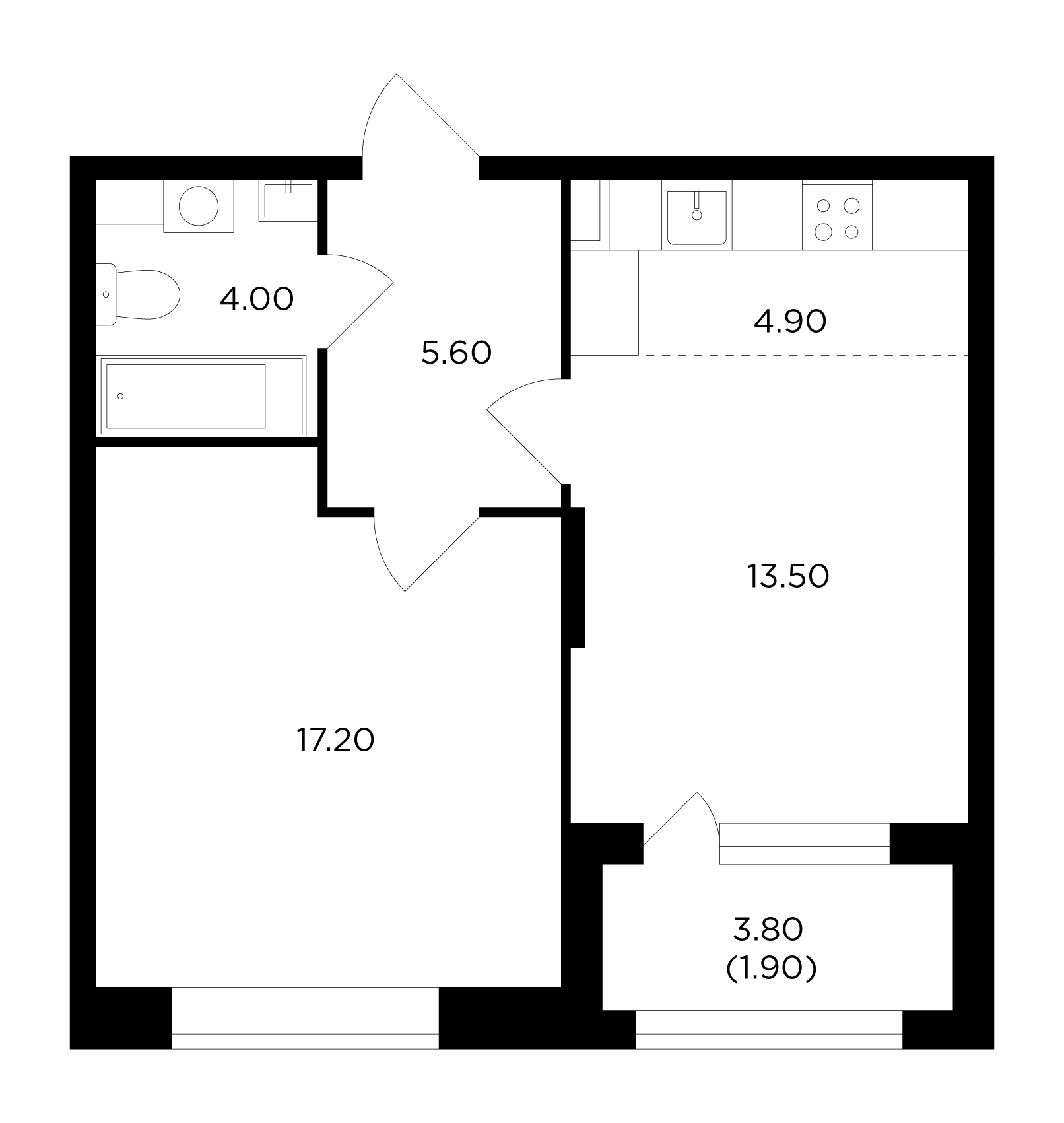 2 комн. квартира, 47.1 м², 15 этаж 