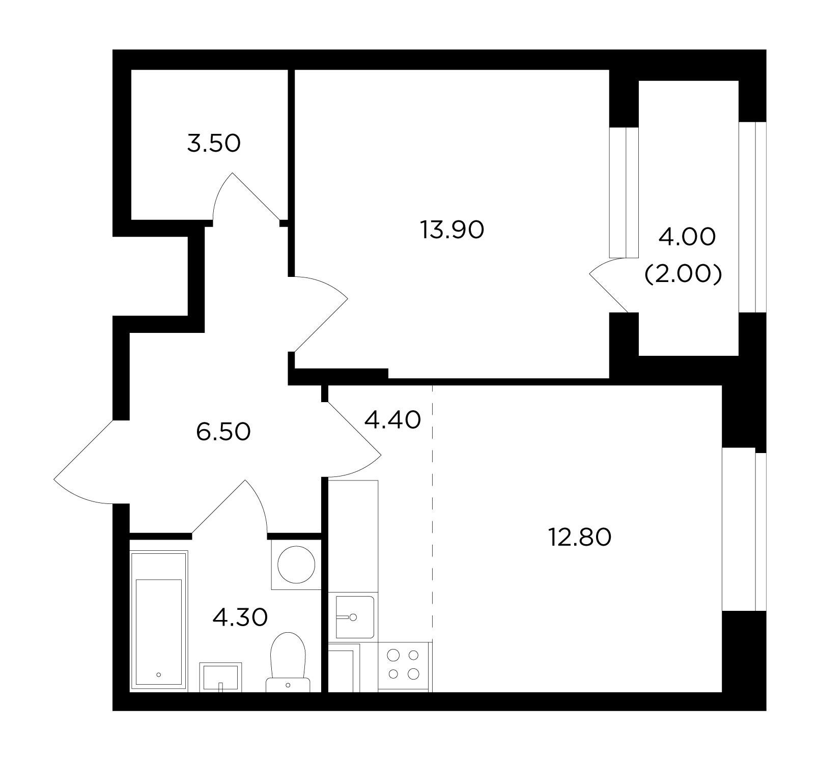 2 комн. квартира, 47.3 м², 16 этаж 