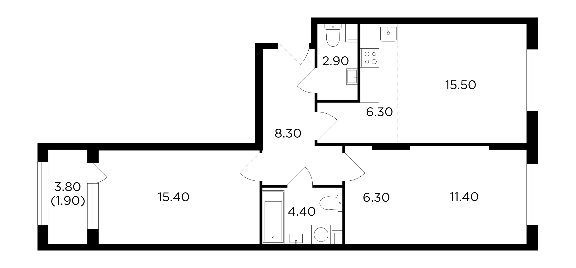 3 комн. квартира, 71.1 м², 2 этаж 