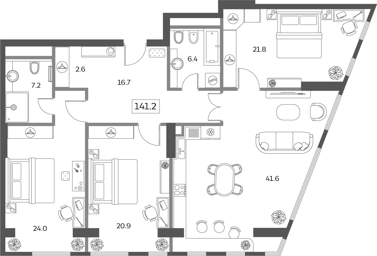 4 комн. квартира, 141.2 м², 21 этаж 