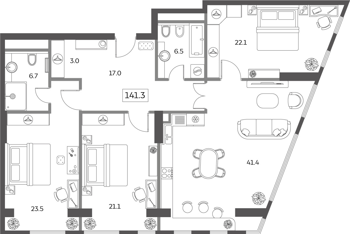 4 комн. квартира, 141.3 м², 20 этаж 