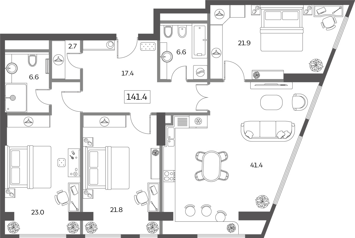 4 комн. квартира, 141.4 м², 18 этаж 
