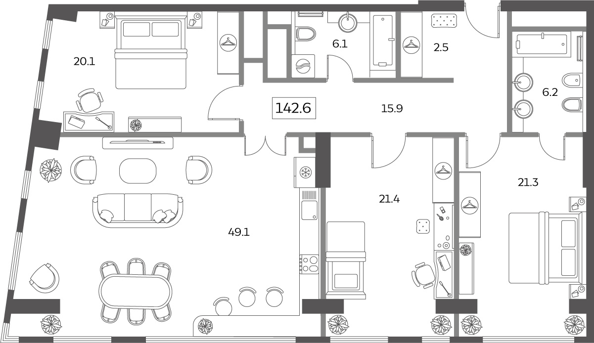 4 комн. квартира, 142.6 м², 22 этаж 