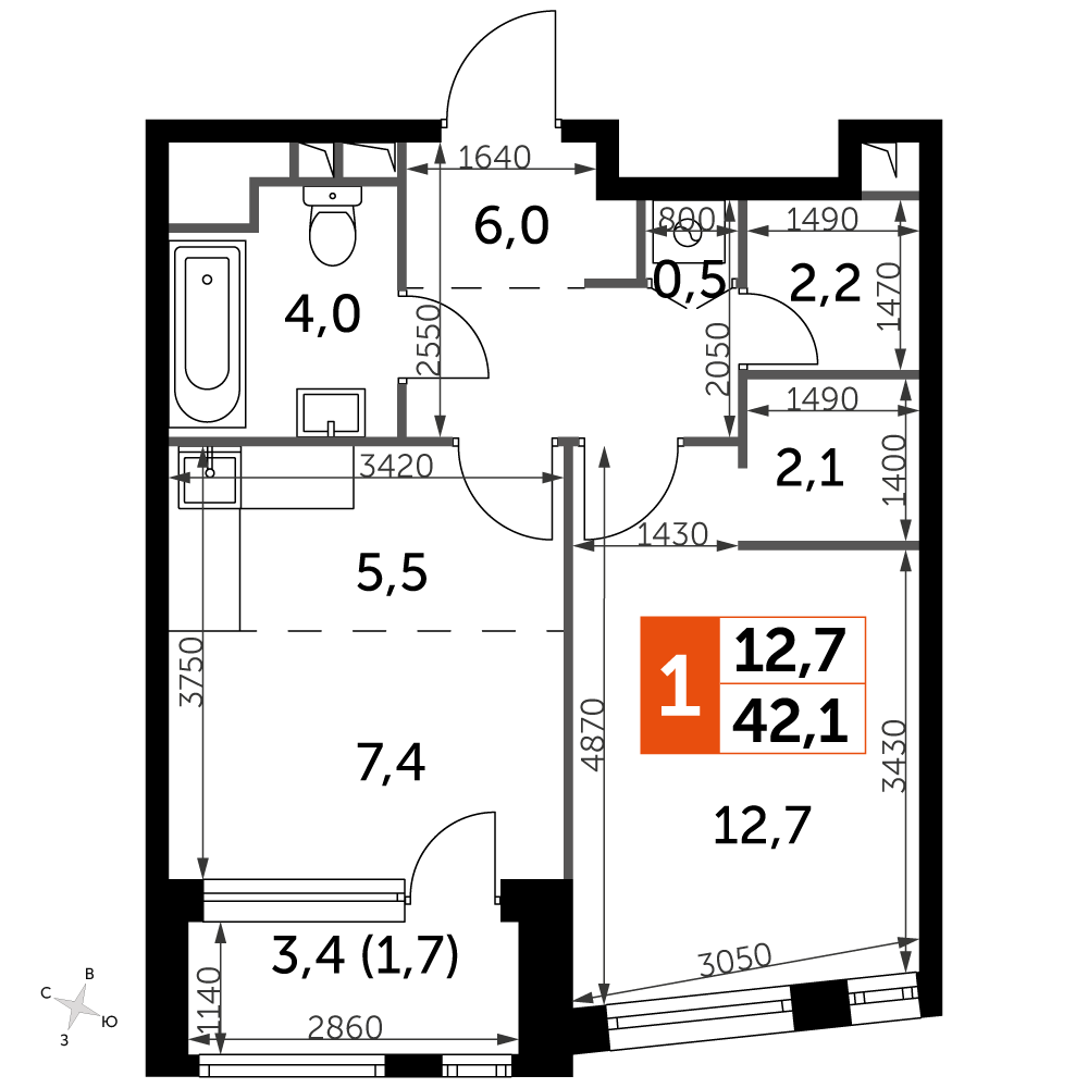 1 комн. квартира, 42.1 м², 19 этаж 