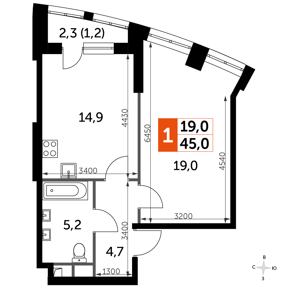 1 комн. квартира, 45 м², 3 этаж 