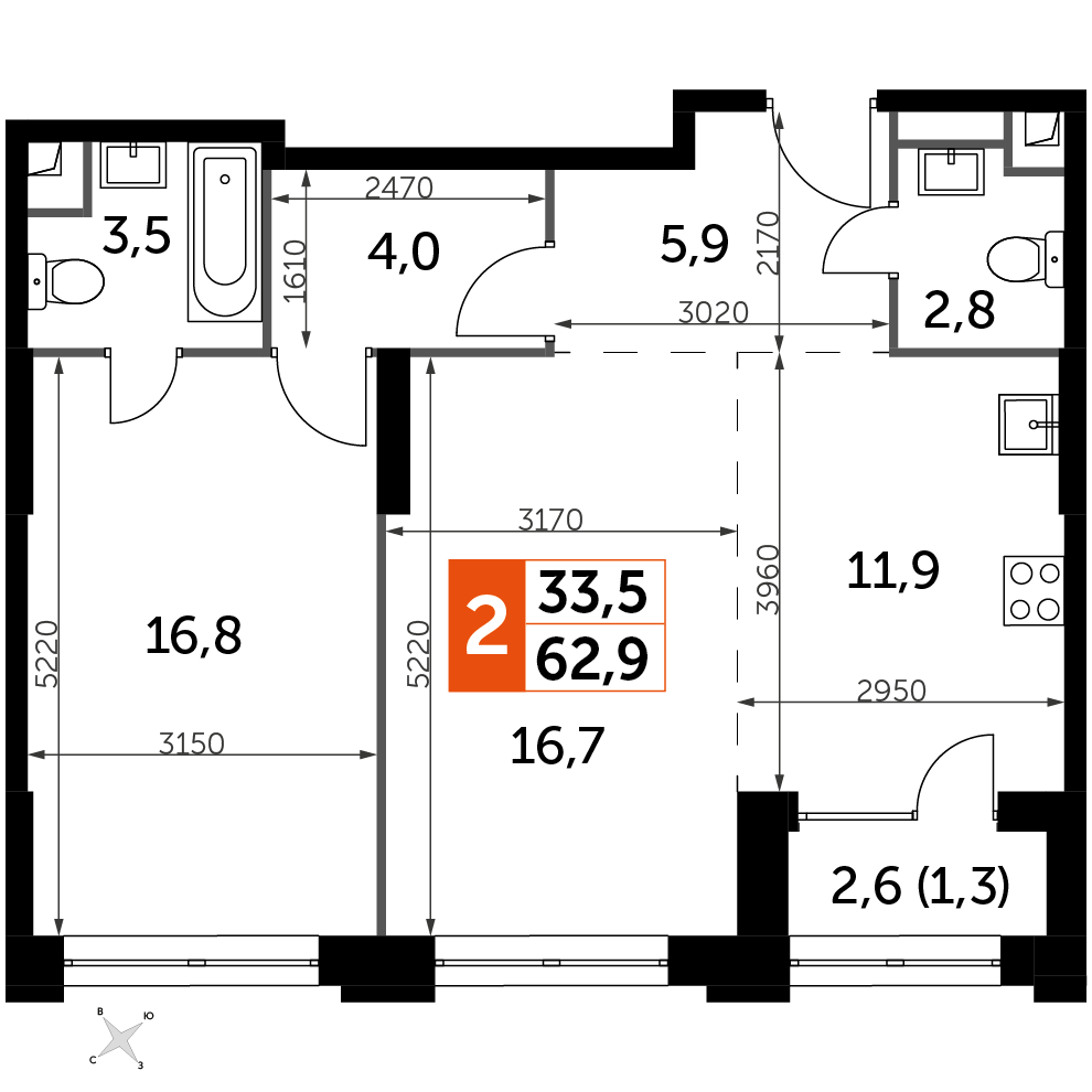 2 комн. квартира, 62.9 м², 17 этаж 