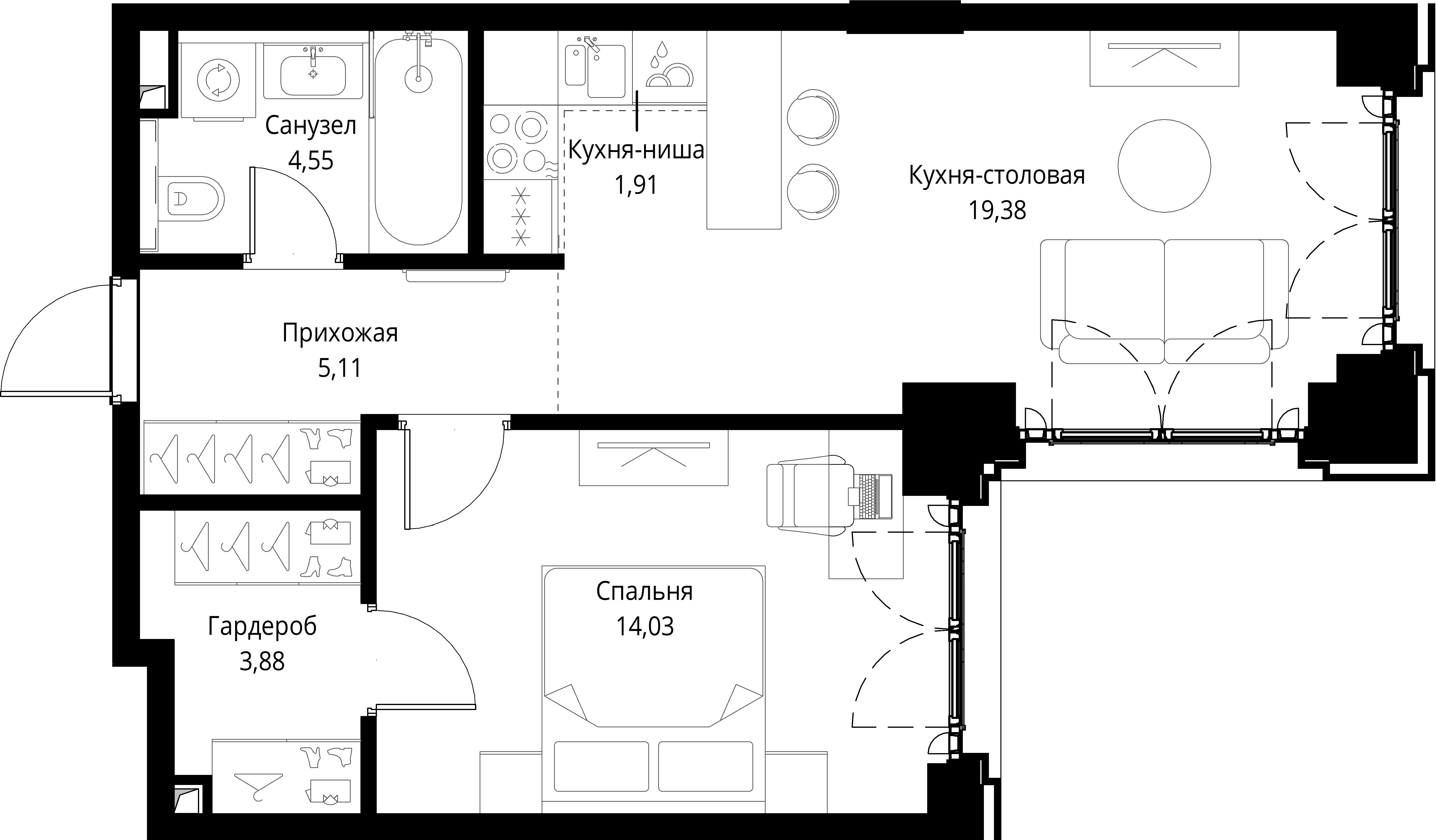 1 комн. квартира, 48.9 м², 8 этаж 