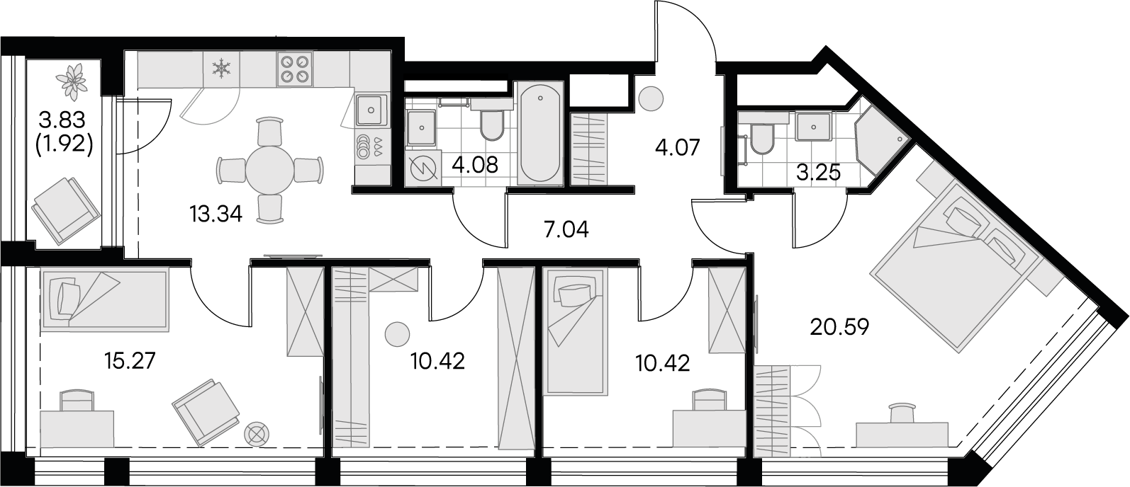 3 комн. квартира, 90.4 м², 17 этаж 