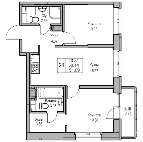 1 комн. квартира, 51.1 м², 6 этаж 