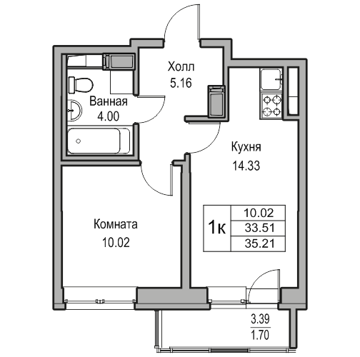 1 комн. квартира, 35.2 м², 6 этаж 