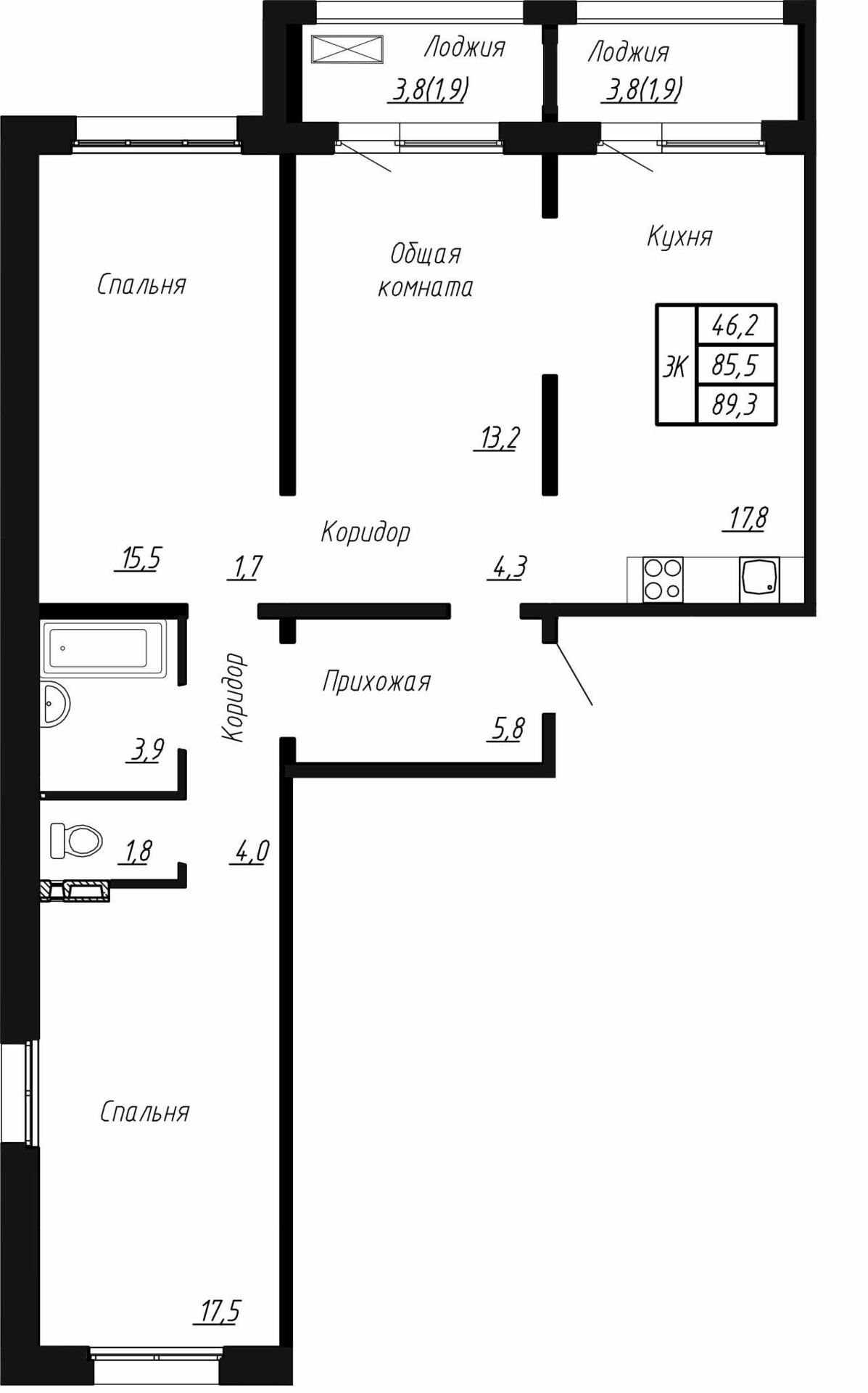 3 комн. квартира, 89 м², 2 этаж 