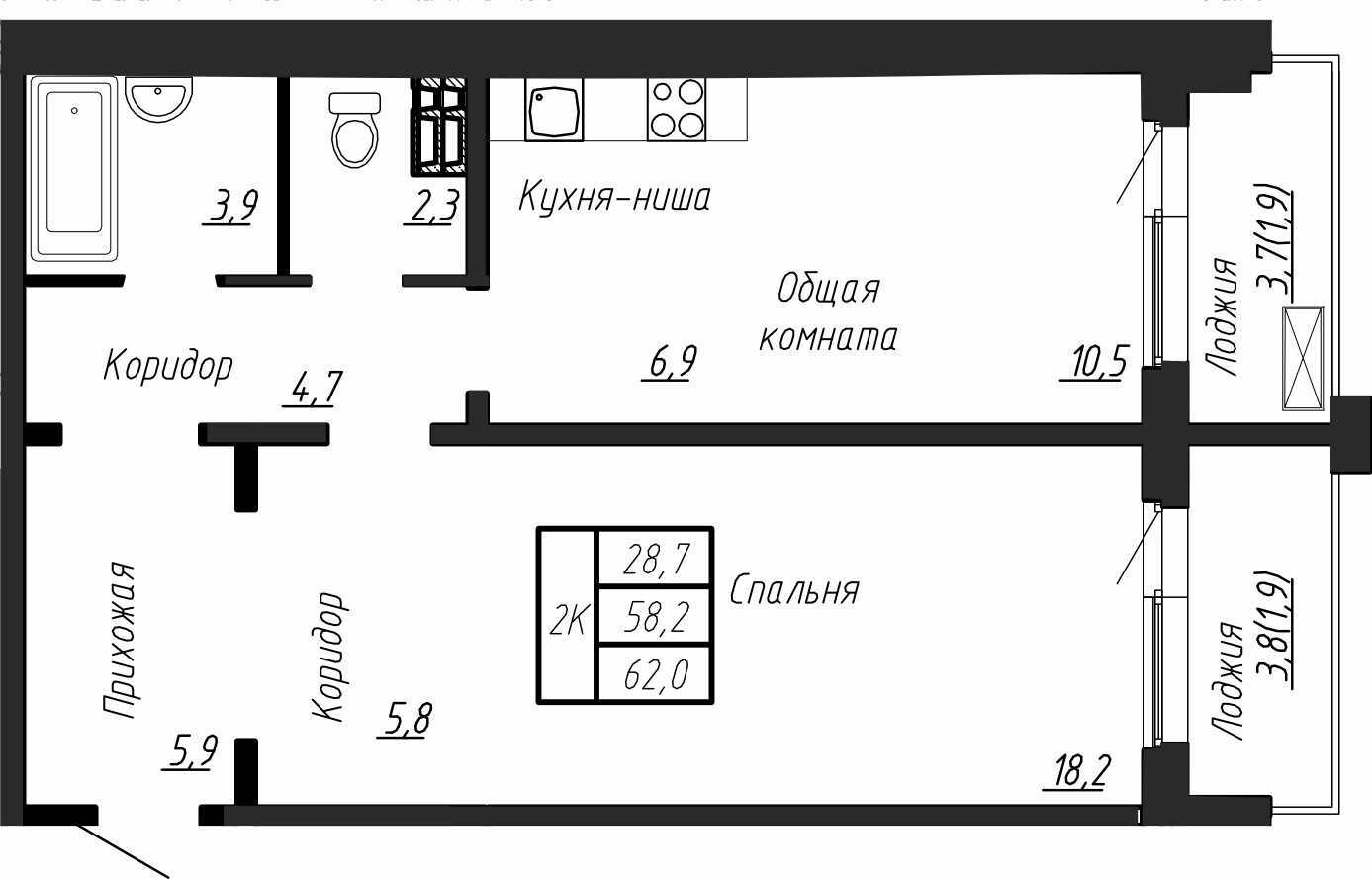 2 комн. квартира, 62 м², 6 этаж 