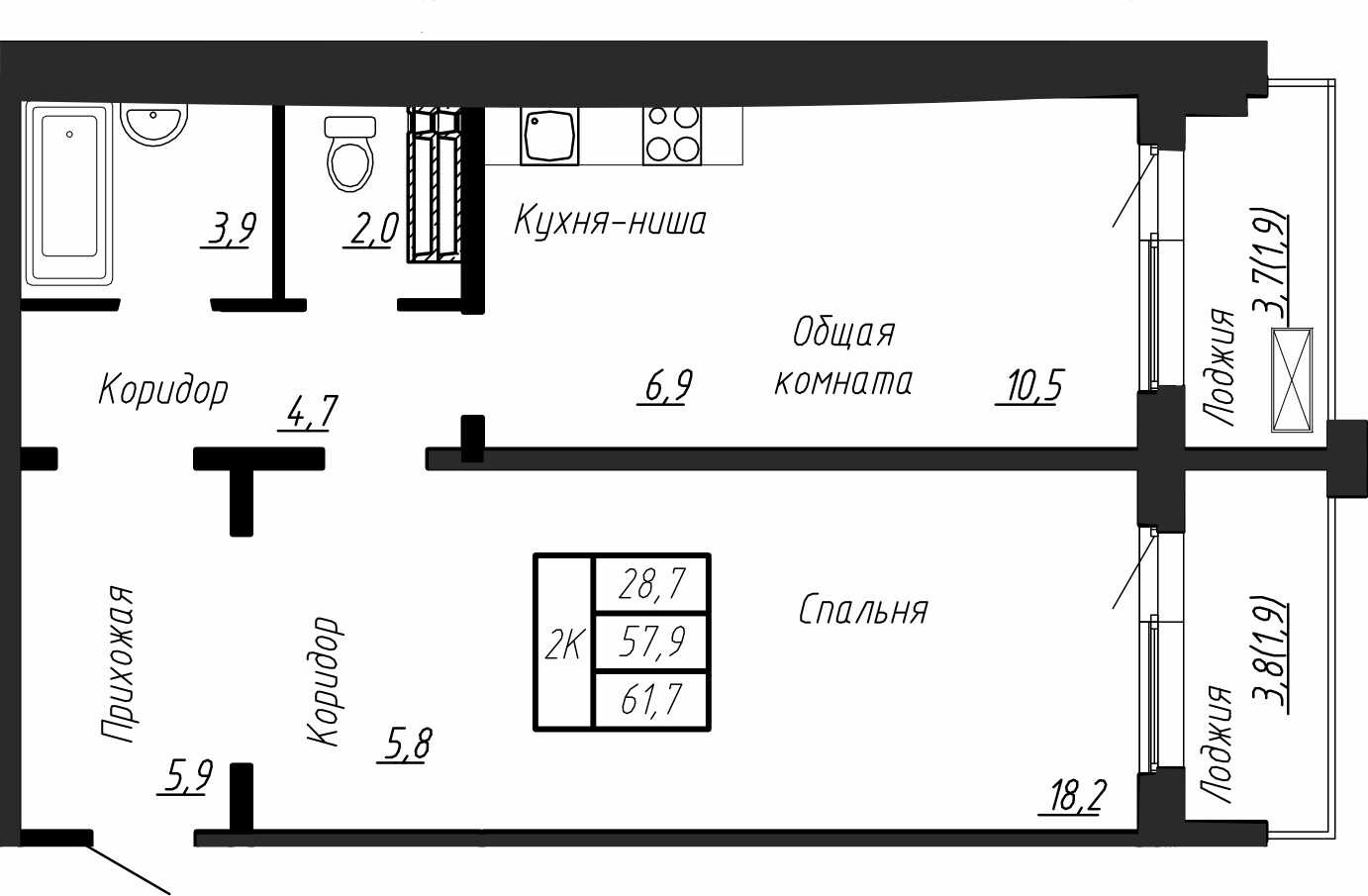 2 комн. квартира, 62 м², 9 этаж 