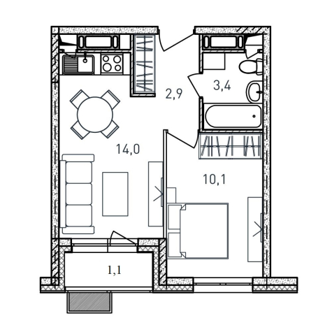 1 комн. квартира, 31.5 м², 17 этаж 