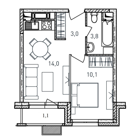1 комн. квартира, 32 м², 17 этаж 