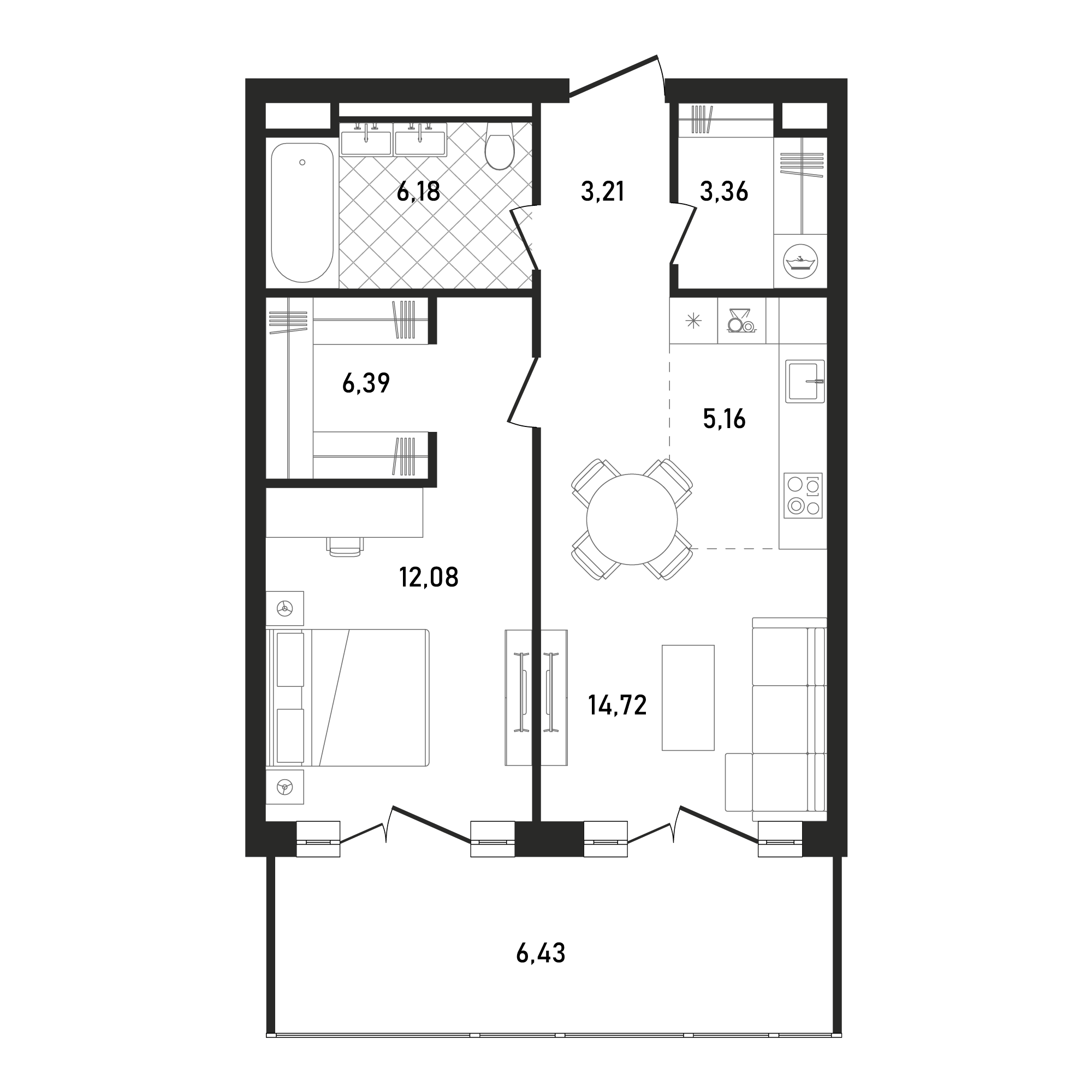 1 комн. квартира, 57.5 м², 12 этаж 