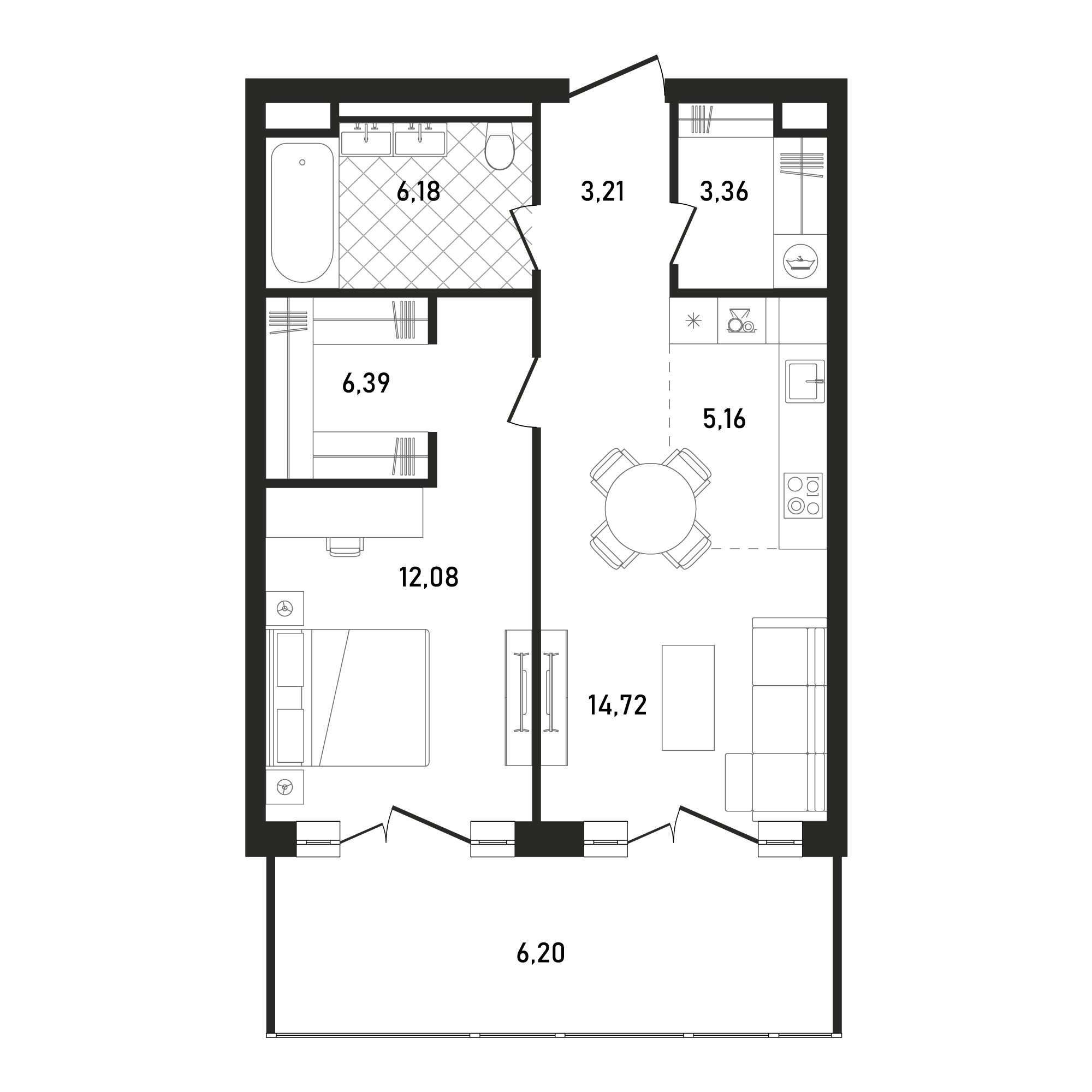 2 комн. квартира, 57.5 м², 14 этаж 
