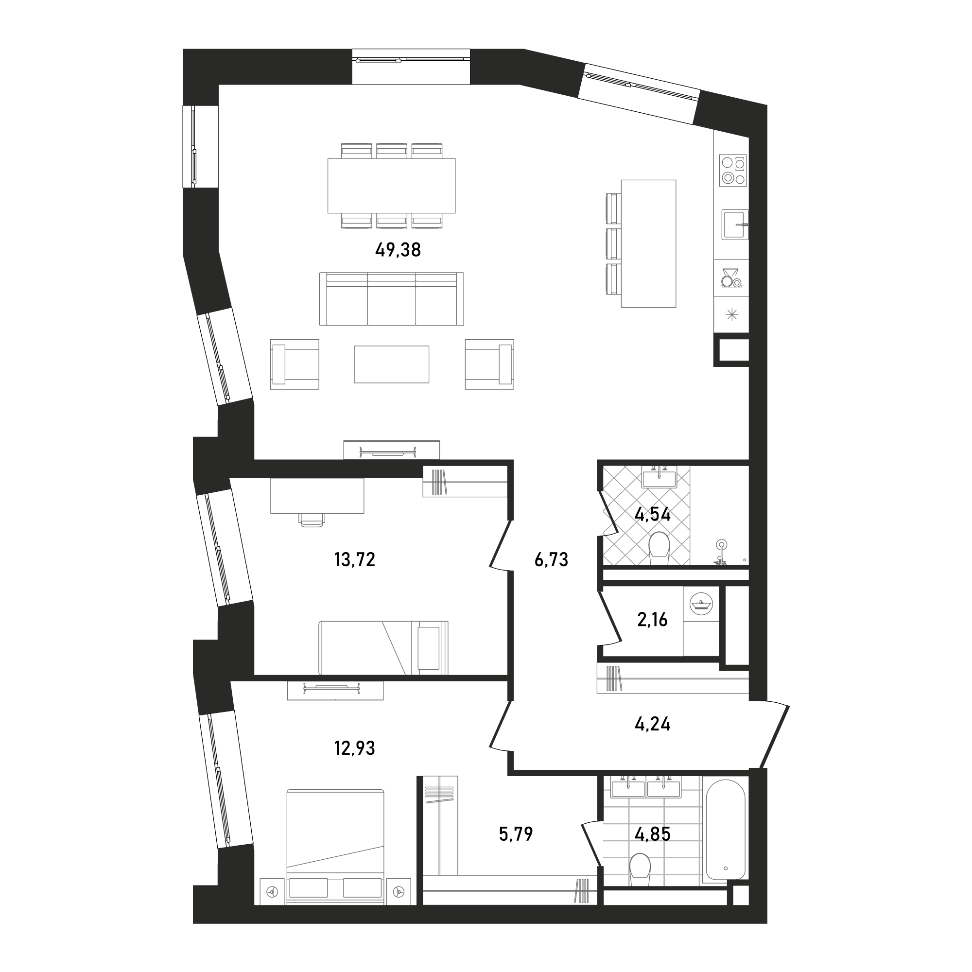 2 комн. квартира, 104.3 м², 22 этаж 