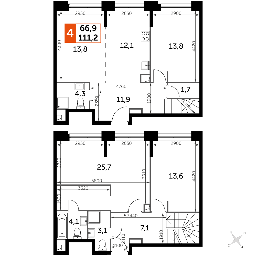4 комн. квартира, 111.2 м², 23 этаж 