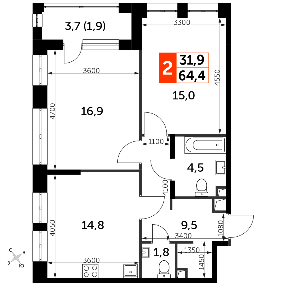 2 комн. квартира, 64.4 м², 2 этаж 