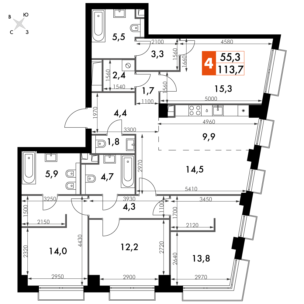 4 комн. квартира, 113.7 м², 32 этаж 