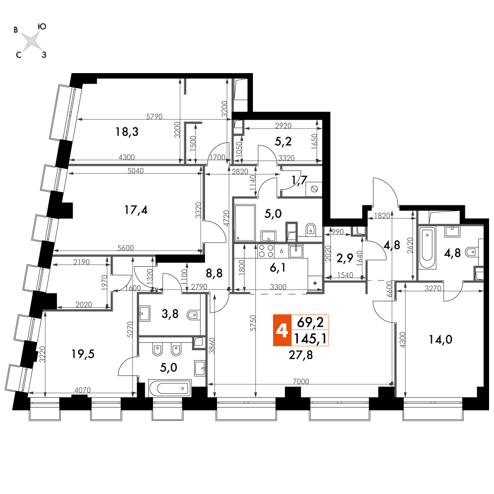 4 комн. квартира, 145.1 м², 29 этаж 