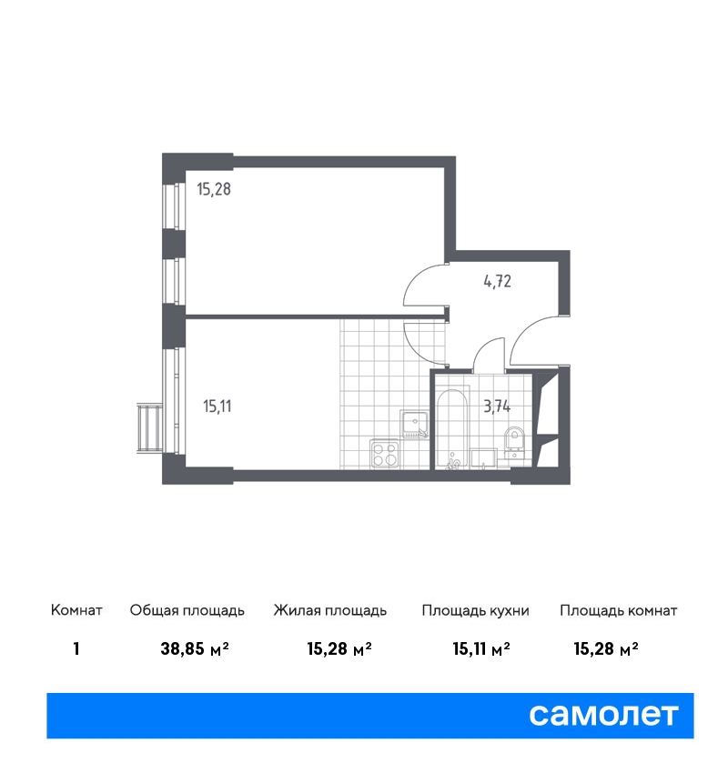 1 комн. квартира, 38.9 м², 28 этаж  (из 31)
