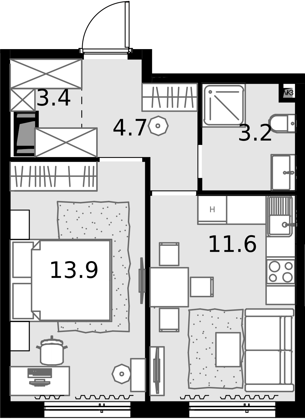 1 комн. квартира, 36.8 м², 13 этаж  (из 28)