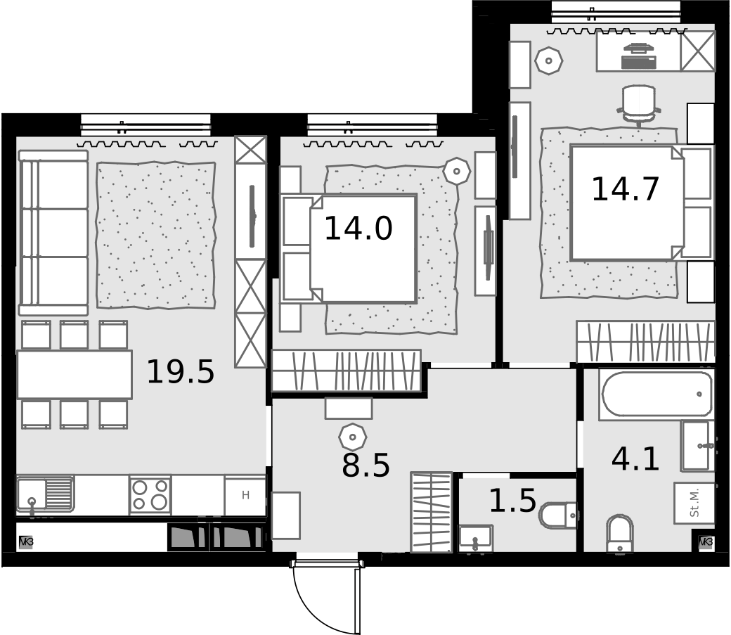 2 комн. квартира, 62.3 м², 19 этаж  (из 28)