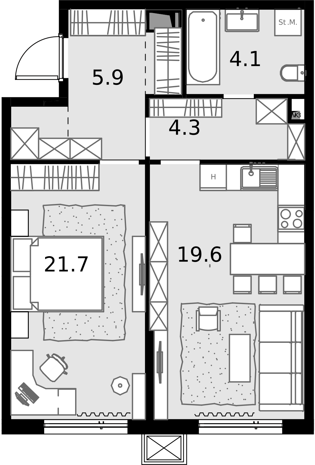 1 комн. квартира, 55.6 м², 21 этаж  (из 28)