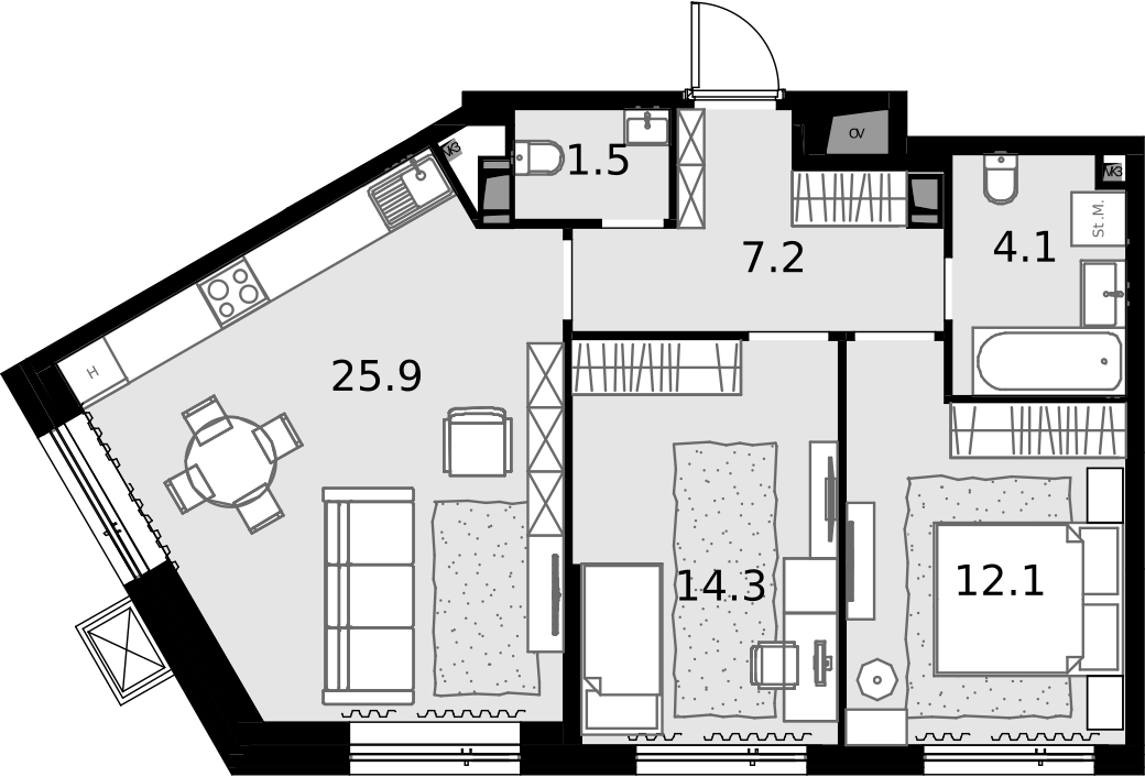2 комн. квартира, 65.1 м², 23 этаж  (из 28)