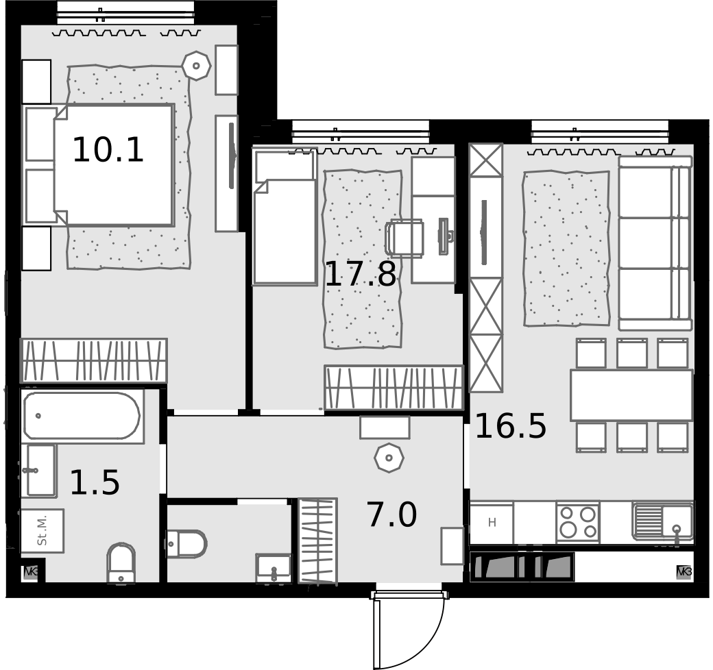 2 комн. квартира, 57 м², 24 этаж  (из 28)